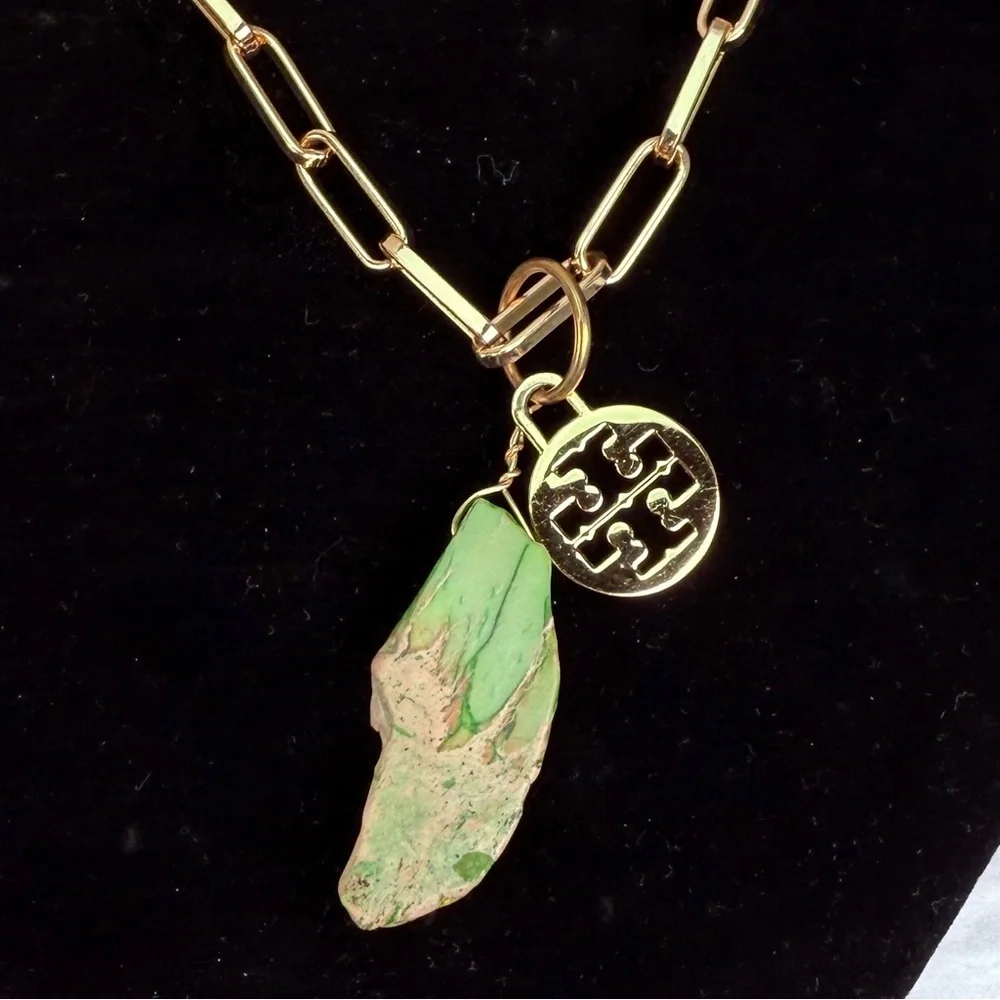 Goldtone chunky chain green statement stone and a Tory Burch charm 34” necklace